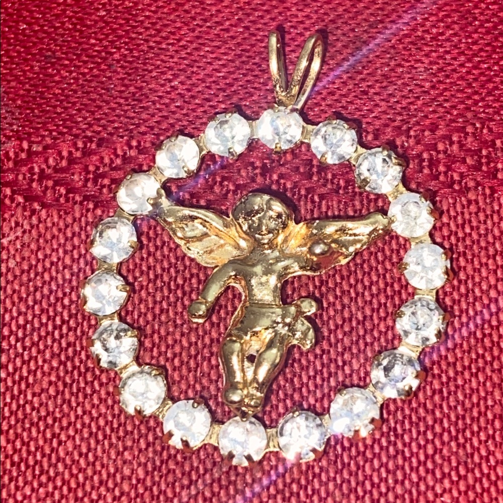 Vintage 18K Gold Flash Point Guardian Angel Pendant with Clear Crystals